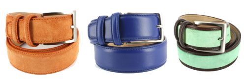 Ceinture cuir de veau bleu avec ceinture cuir et daim orange et ceinture cuir et daim vert